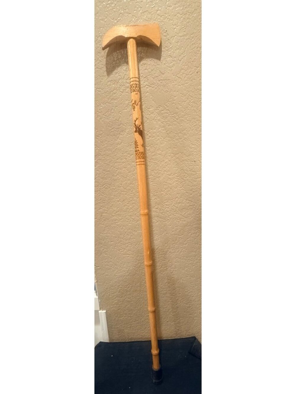 Handcrafted ax carved handle Wooden Walking Stick With Carved Deer Design & Rubb